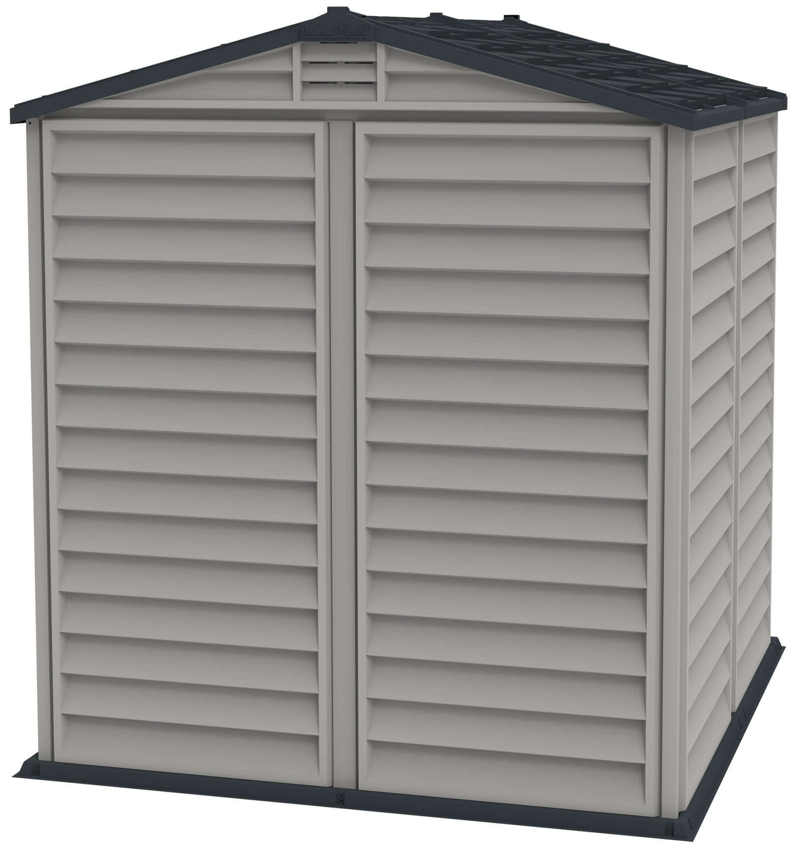 Duramax 6x6 StoreMate PLUS Vinyl Shed with doors closed, featuring strong fire-retardant construction.