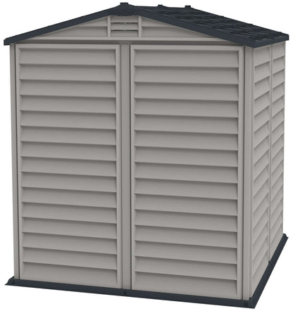 Duramax 6x6 StoreMate PLUS Vinyl Shed with doors closed, featuring strong fire-retardant construction.