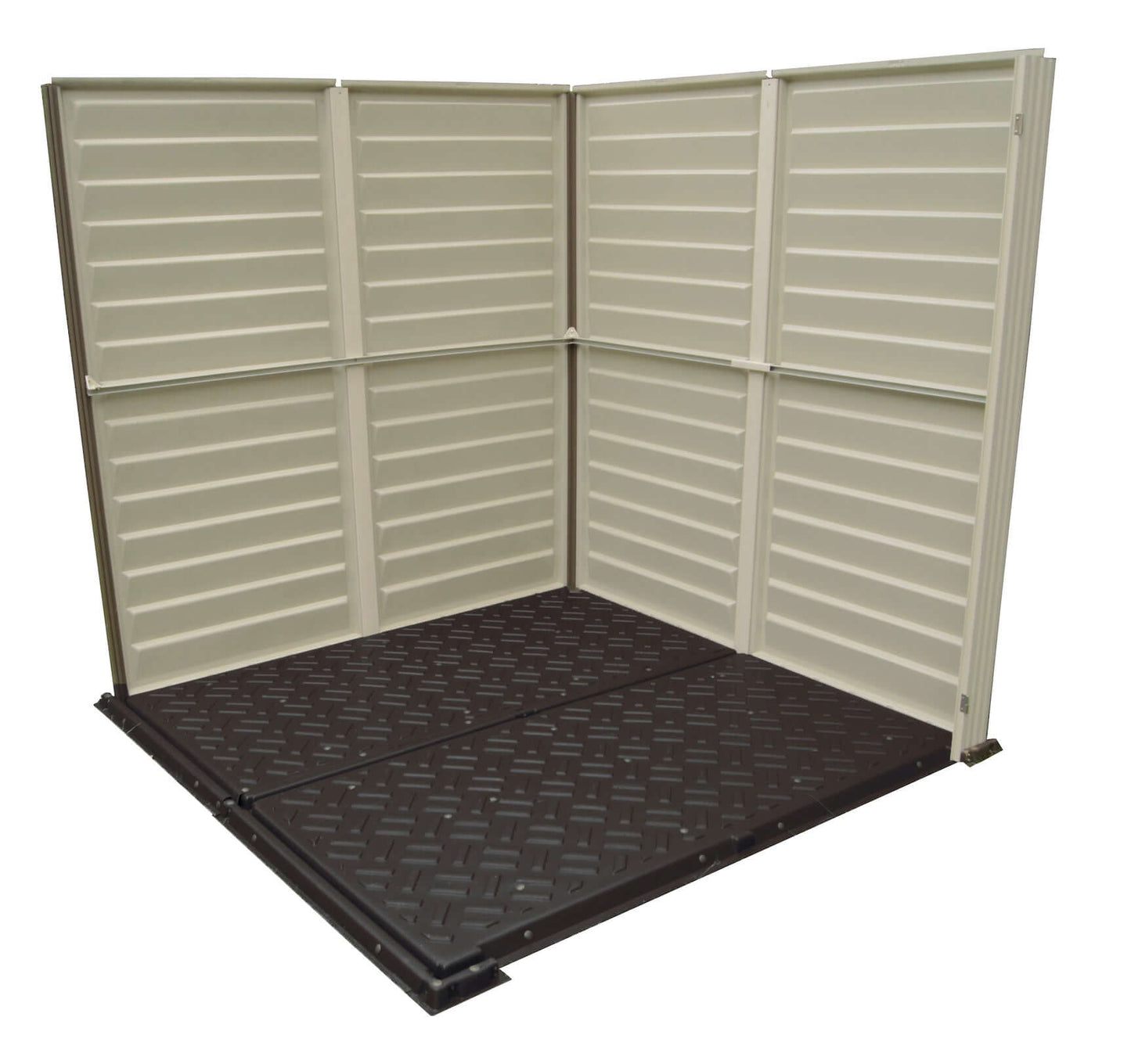 Interior view of the Duramax 6x6 StoreMate PLUS Vinyl Shed with Floor, featuring sturdy galvanized steel beams and premium vinyl construction.