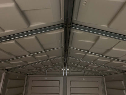 Interior view of Duramax StoreMate PLUS 6x6 vinyl shed with durable galvanized steel beams.