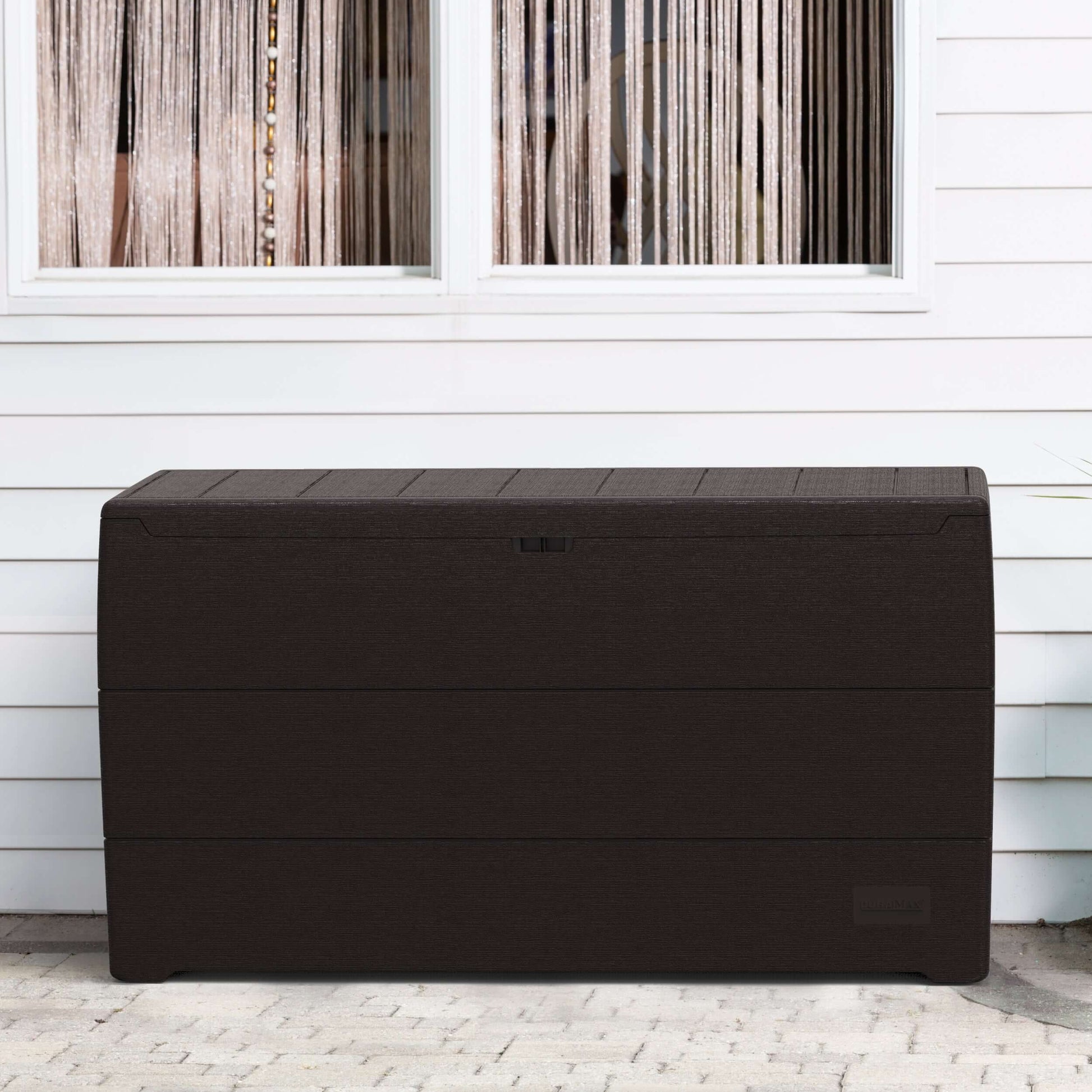Duramax 71 Gallon Deck Box in brown, perfect for outdoor storage with seating, designed to complement patio or garden decor.