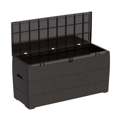 Duramax 71 Gallon Deck Box in Brown, offering ample storage and seating. Made from strong polypropylene resin with a wood-like design.