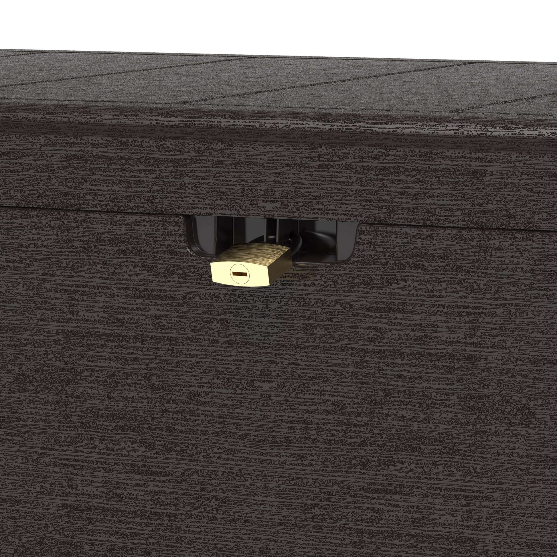 Close-up of lockable latch on Duramax 71 Gallon Brown Deck Box, ideal for secure outdoor storage on patio or garden.