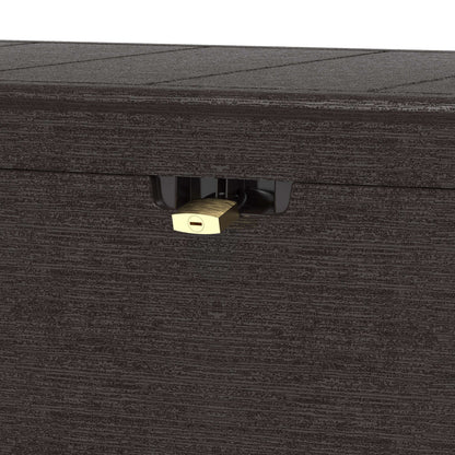 Close-up of lockable latch on Duramax 71 Gallon Brown Deck Box, ideal for secure outdoor storage on patio or garden.
