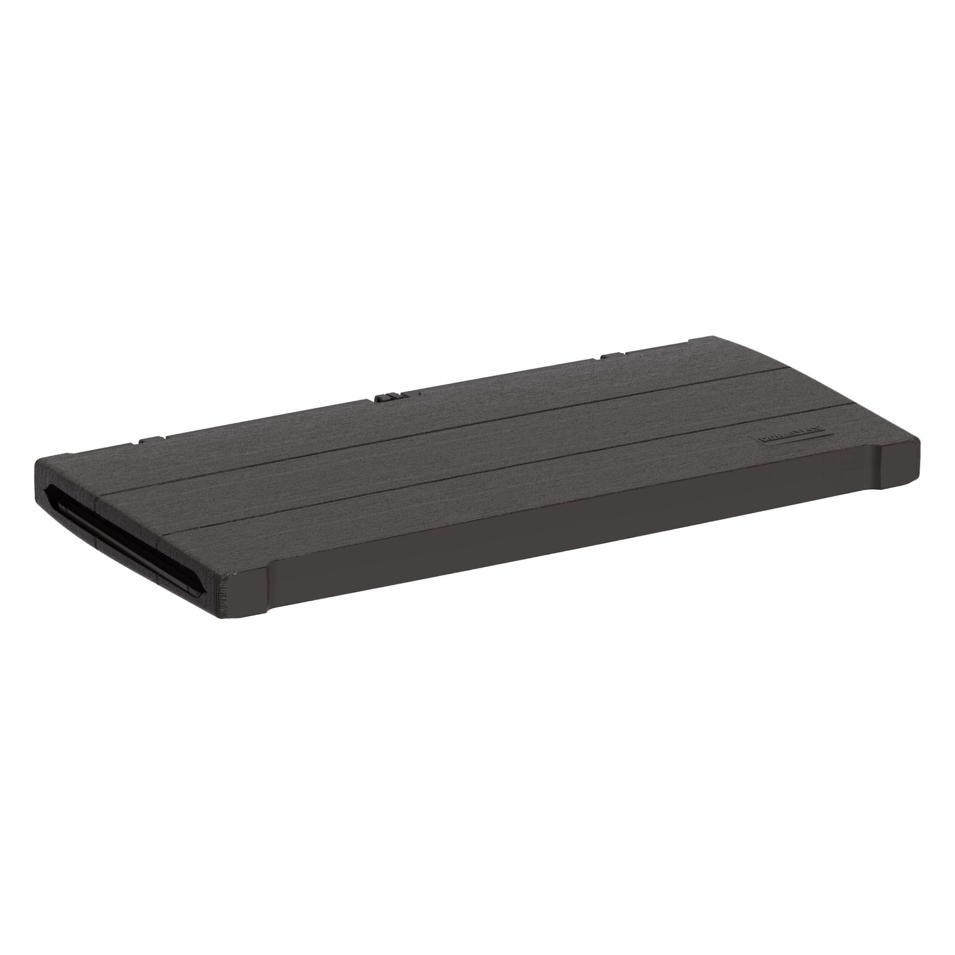 Brown lid of Duramax 71 Gallon Deck Box, resembling natural wood, for outdoor storage and seating. Made of strong polypropylene resin.