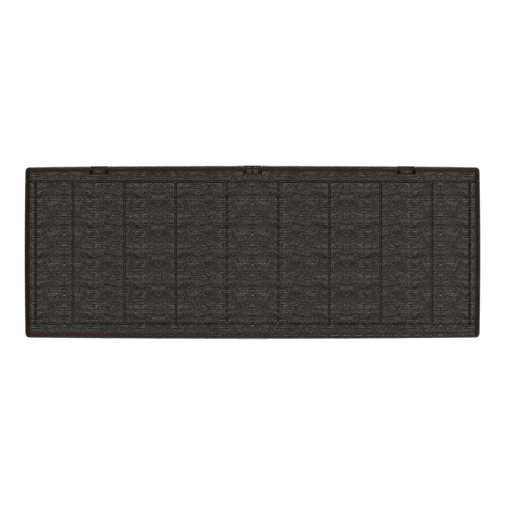 Top view of a Duramax 71 Gallon Deck Box in brown, featuring a wood-like pattern, ideal for outdoor storage and seating.