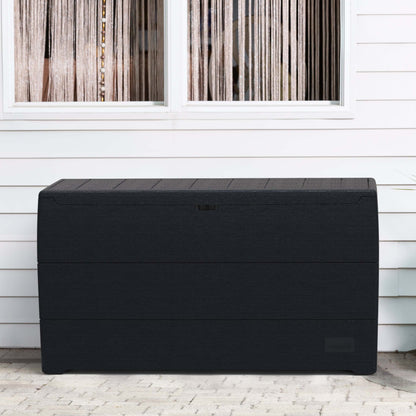 Duramax 71 Gallon Deck Box Gray in outdoor setting, offering sleek storage and seating with natural wood-like appearance.