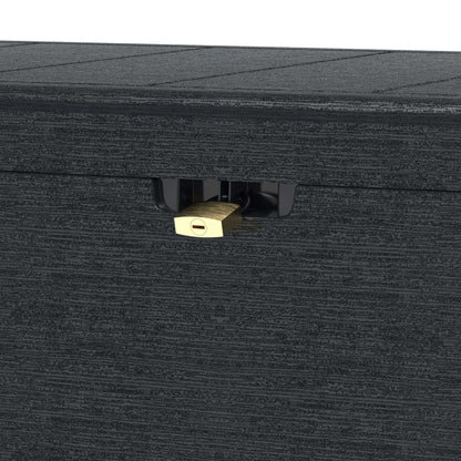 Close-up of Duramax 71 Gallon Deck Box in gray featuring secure lock mechanism.