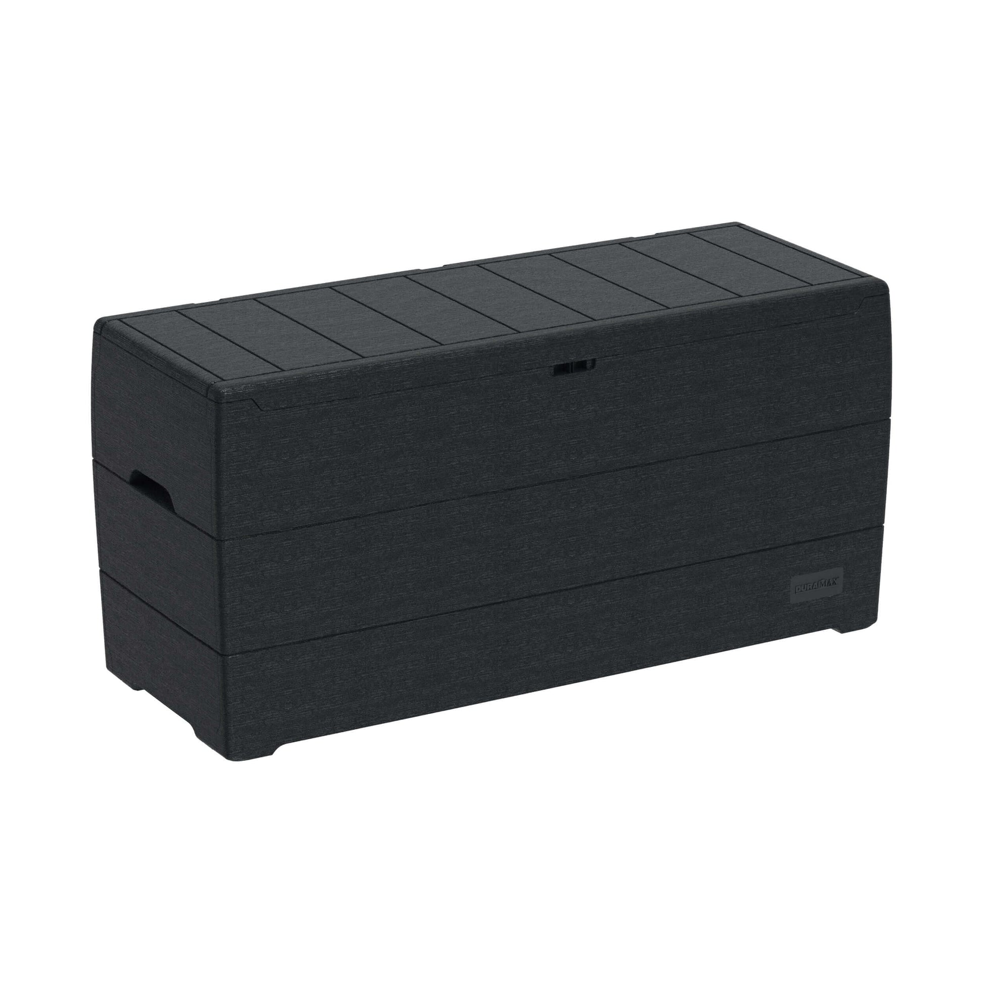 Duramax 71 Gallon Deck Box Gray 86600 for outdoor storage and seating, resembling natural wood, made from polypropylene resin.