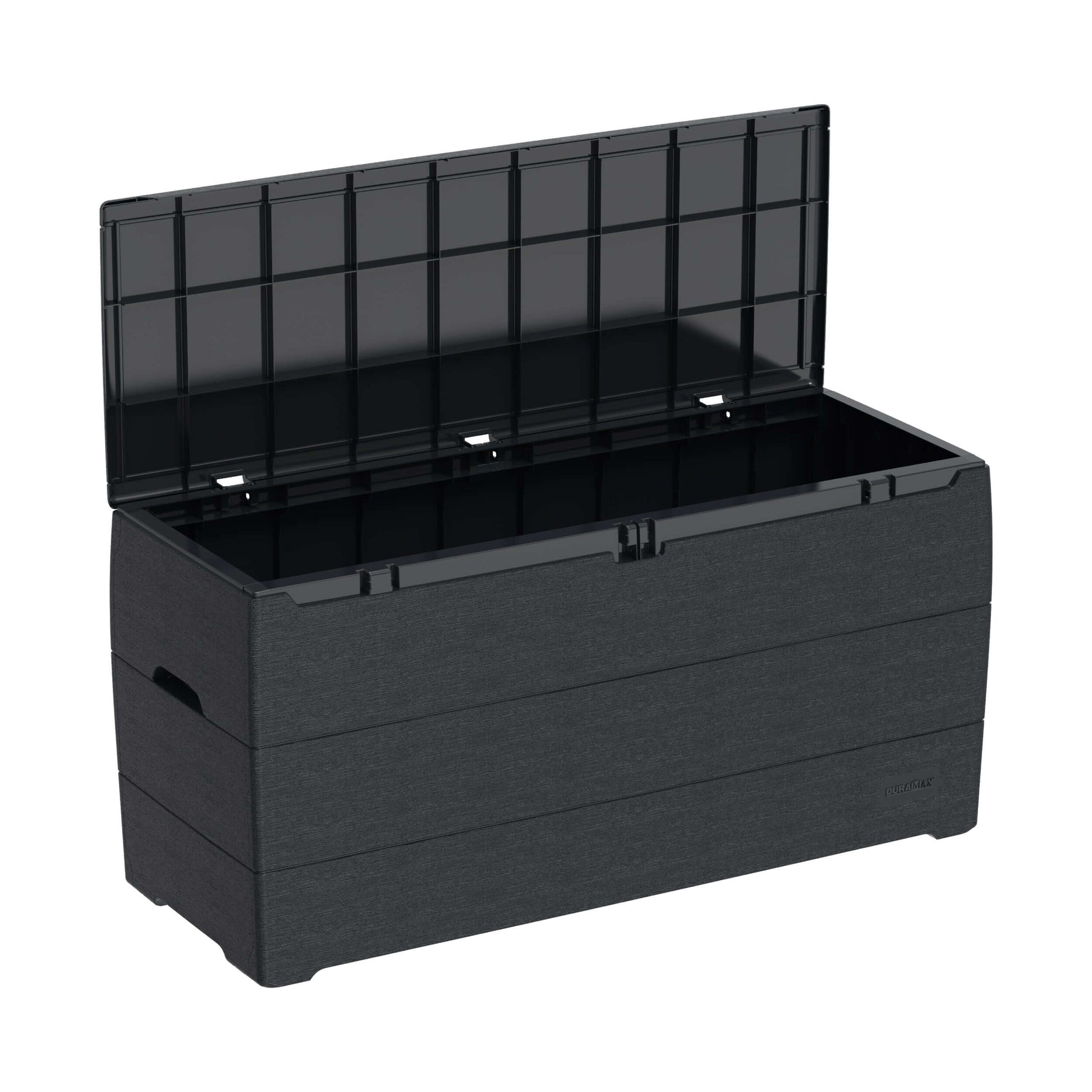 Open Duramax 71 Gallon gray deck box with wood-like design for outdoor storage and seating.