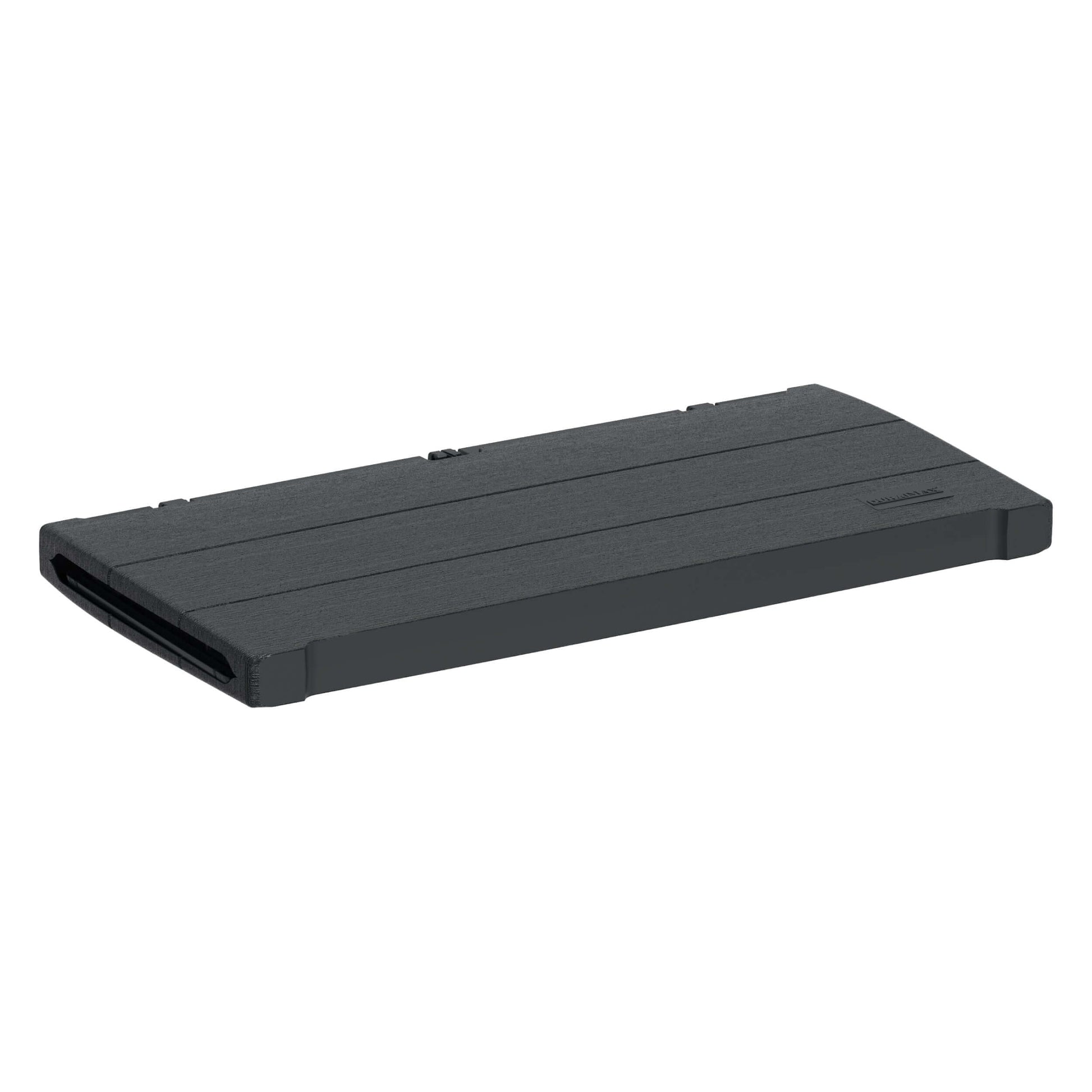 Duramax gray deck box lid, 71-gallon capacity, resembling natural wood for outdoor storage and seating.