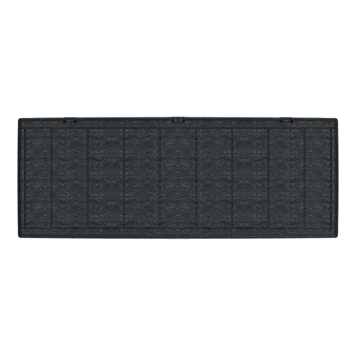 Top view of Duramax 71 Gallon Deck Box in gray, featuring a wood-like design for outdoor storage and seating.