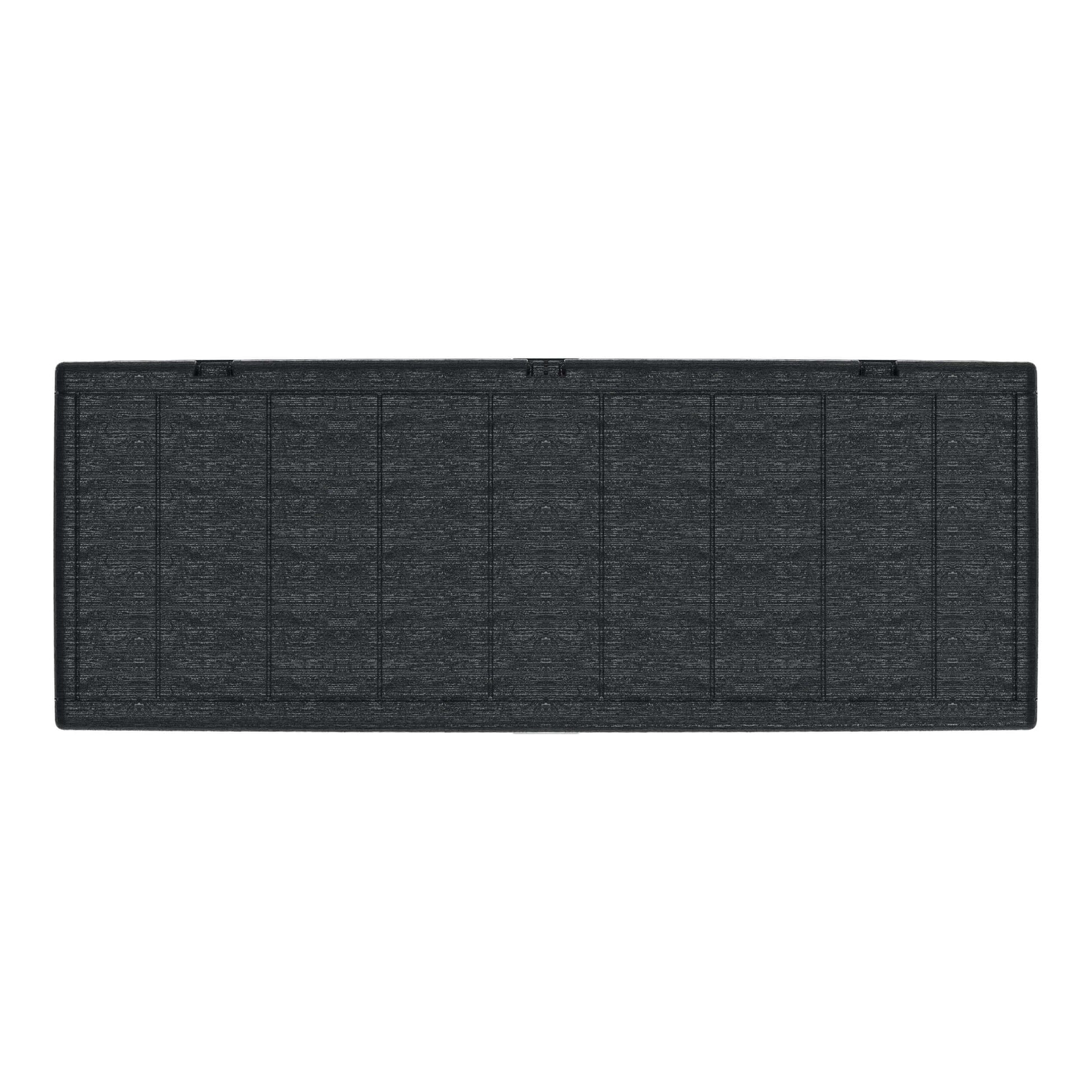 Top view of Duramax 71 Gallon Deck Box in gray, featuring a wood-like design for outdoor storage and seating.