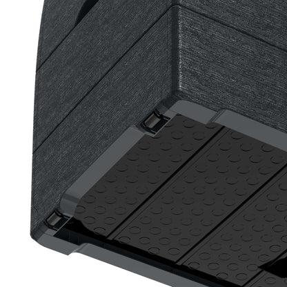 Close-up view of Duramax Deck Box bottom corner showing gray polypropylene resin texture and design detail.