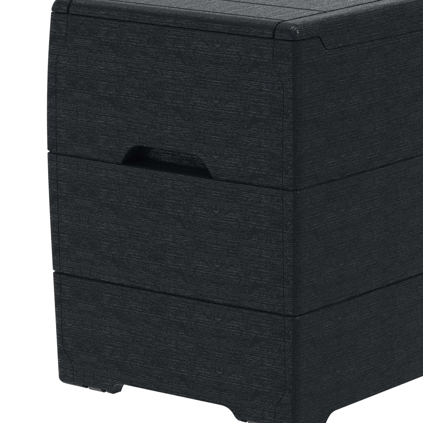 Duramax 71 Gallon Deck Box Gray, polypropylene resin, wood-like design, outdoor storage and seating solution, product close-up