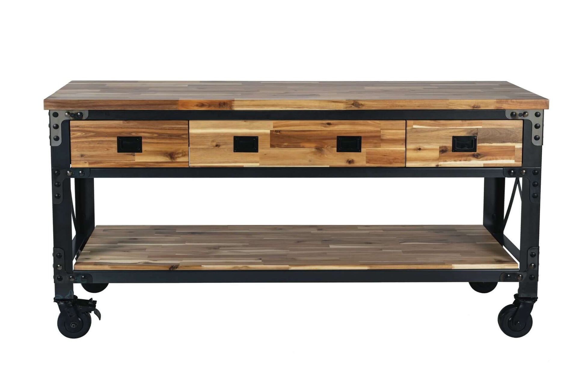 Duramax 72 In Darby Industrial Metal & Wood Desk with vintage design, weathered finish, perfect for kitchen or workbench use.