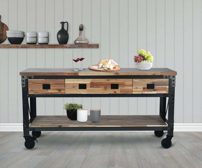 Duramax 72-inch Darby industrial metal and wood desk with drawers, ideal for kitchen island, buffet, or workspace.