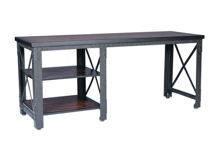 Duramax 72" Weston Desk with metal frame and acacia wood top, featuring two open shelves for versatile use and storage.