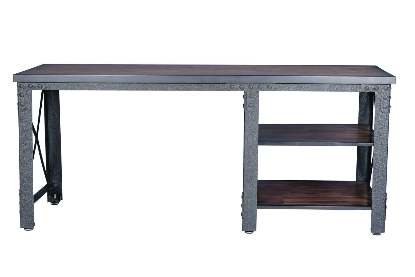 Duramax Weston Industrial Metal & Wood Desk with shelves, sturdy steel frame, acacia wood top, 72 inches for home office.