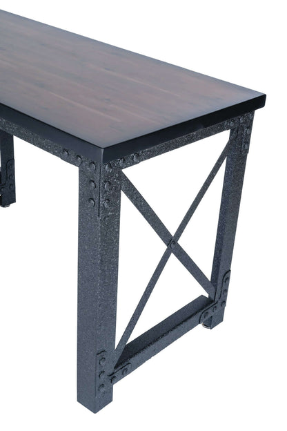 Duramax 72 In Weston Industrial Desk with Metal Frame and Wood Top, featuring two open shelves for versatile use and storage.