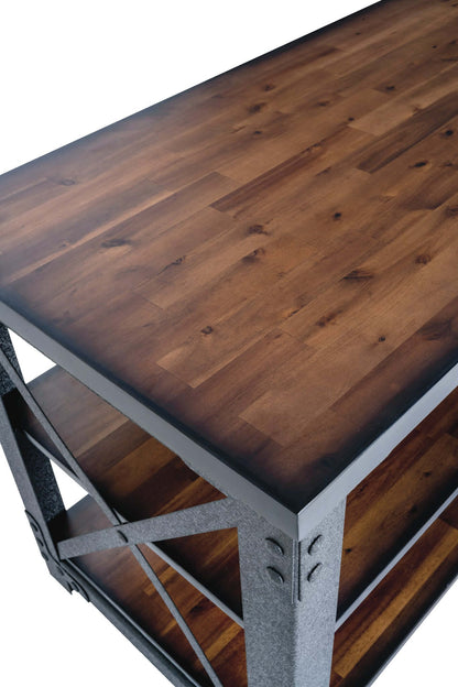 Duramax 72in Weston industrial desk with stained acacia wood top and powder-coated steel frame, featuring two open shelves.