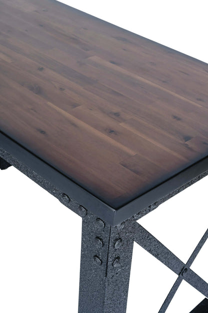 Top view of Duramax 72-inch Weston Desk with acacia wood top and metal frame, showcasing industrial design and sturdy construction.