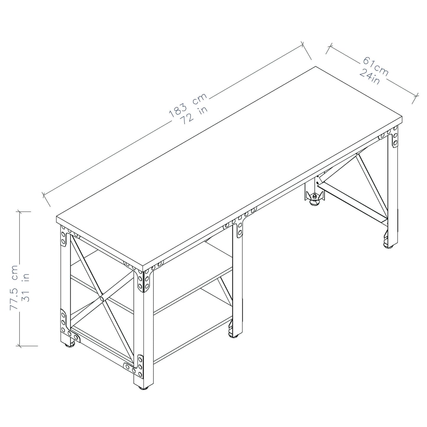 Duramax 72" Weston Industrial Metal & Wood Desk with dimensions; features open shelves and sturdy steel frame, ideal for home office.