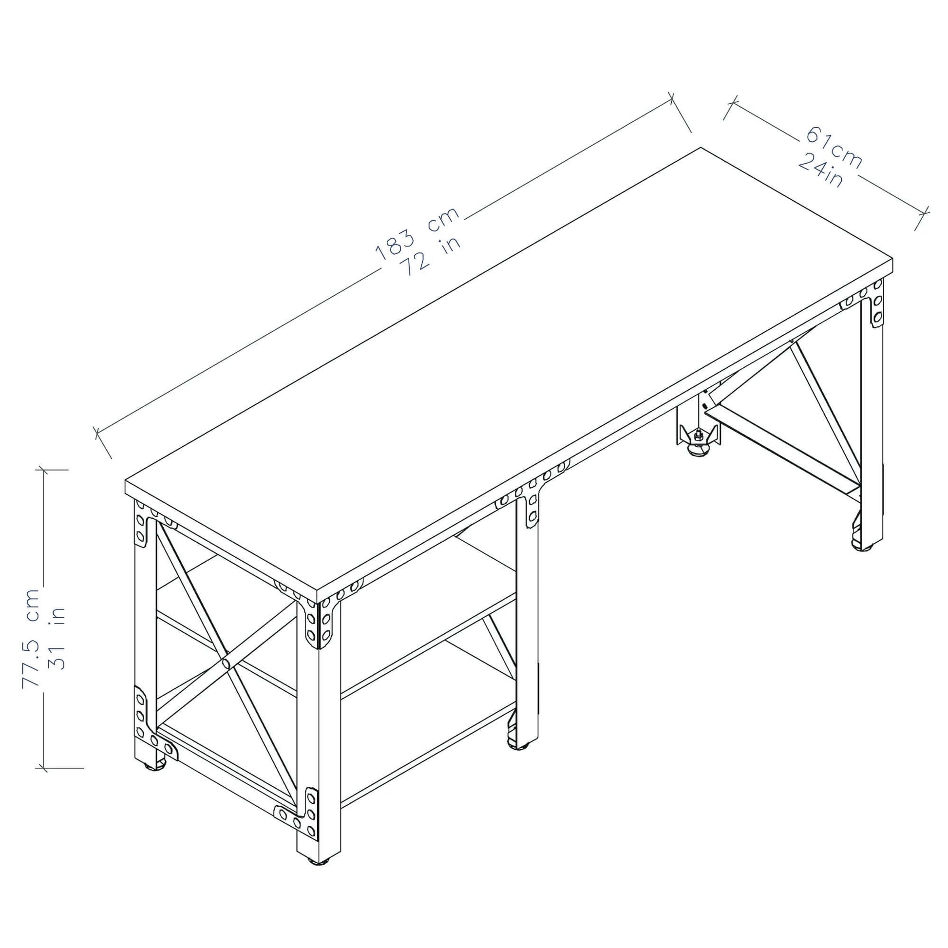 Duramax 72" Weston Industrial Metal & Wood Desk with dimensions; features open shelves and sturdy steel frame, ideal for home office.