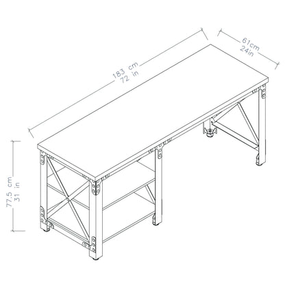 Duramax 72" Weston Industrial Metal & Wood Desk with dimensions; features open shelves and sturdy steel frame, ideal for home office.