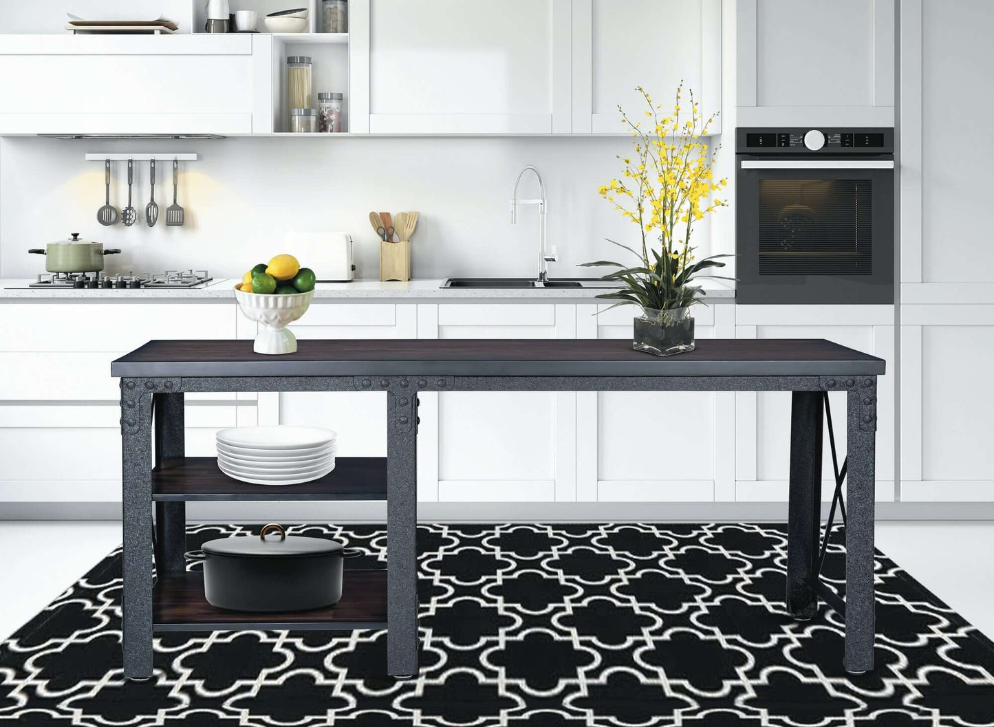 Duramax 72 In Weston Industrial Metal & Wood Desk in a modern kitchen with decorative items on top.