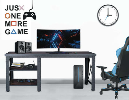 Duramax 72" Weston Industrial Metal & Wood Desk in modern gaming setup with monitor, speakers, and gaming chair.