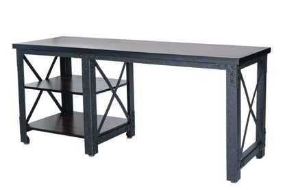 Duramax Weston 72 inch industrial desk with metal frame and wood top, featuring open shelves for versatile home office or study use.