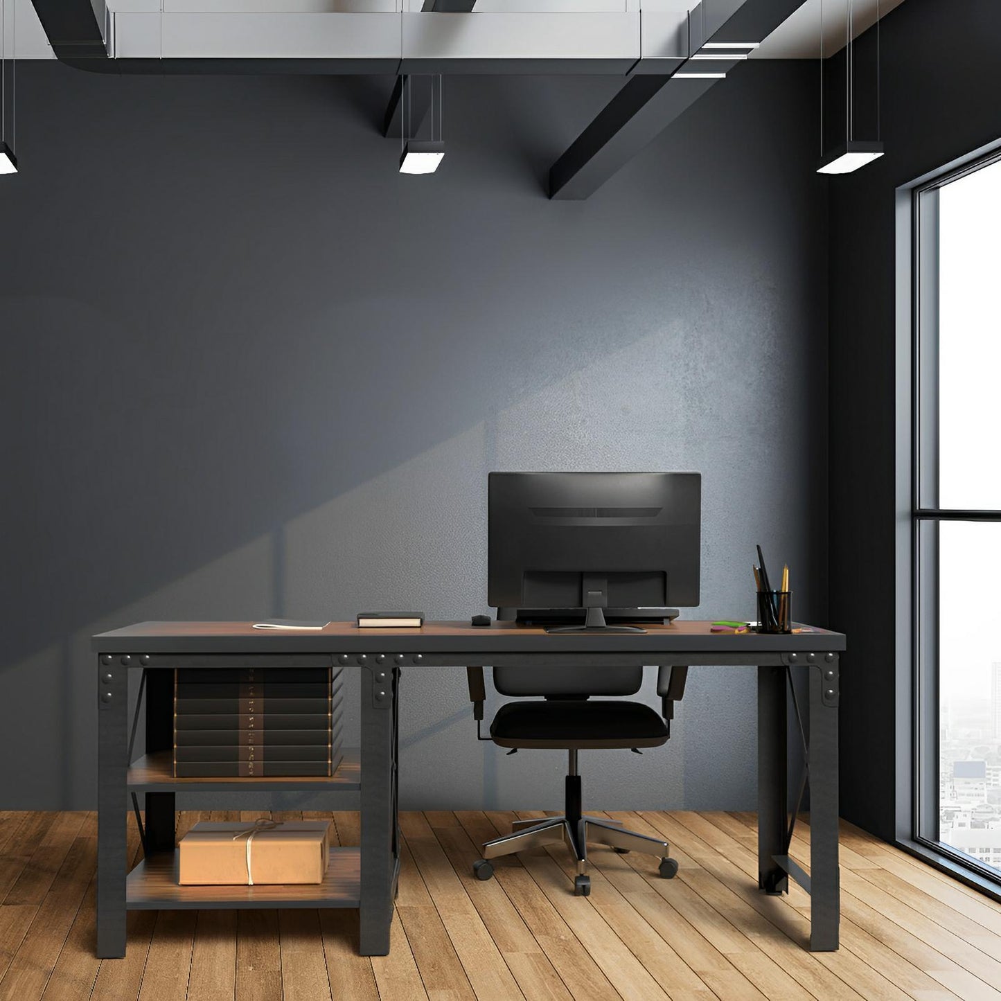 Duramax 72-inch Weston Industrial Metal & Wood Desk with shelves in modern office setup.