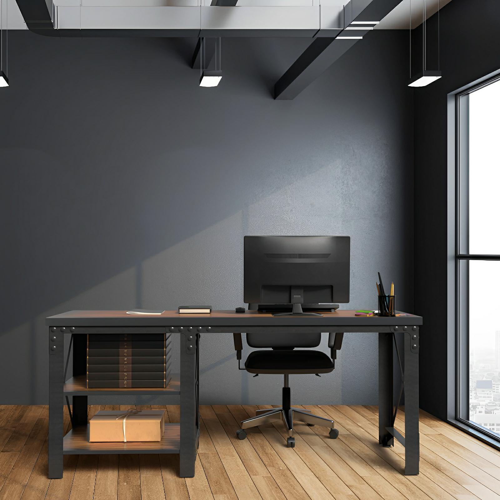 Duramax 72-inch Weston Industrial Metal & Wood Desk with shelves in modern office setup.