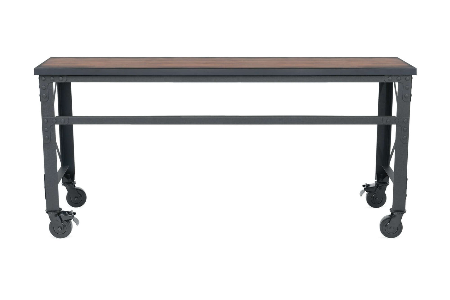 Duramax 72x24 Rolling Industrial Worktable with wooden top and metal frame, featuring durable swivel caster wheels for easy mobility.