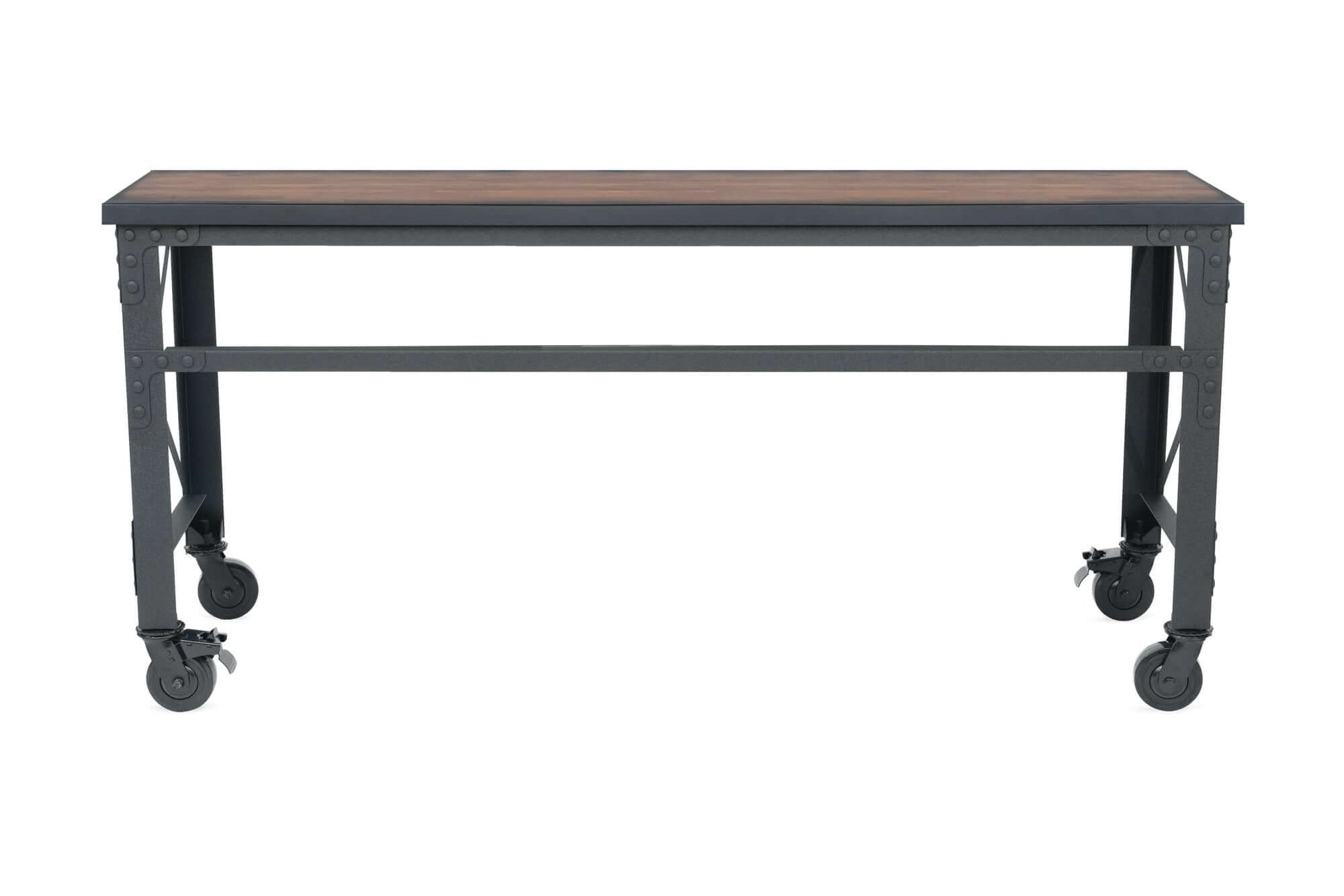 Duramax 72x24 Rolling Industrial Worktable with wooden top and metal frame, featuring durable swivel caster wheels for easy mobility.