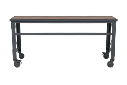Duramax 72x24 Rolling Industrial Worktable with wooden top and metal frame, featuring durable swivel caster wheels for easy mobility.
