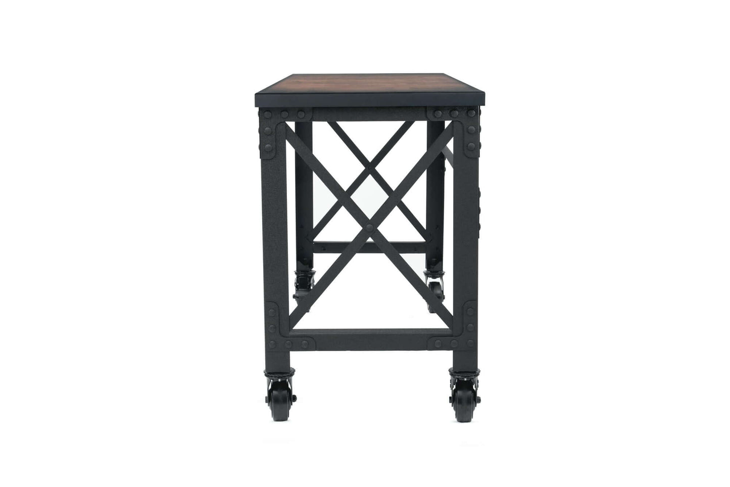 Duramax 72x24 inch industrial rolling worktable with dark wooden top and metal frame on caster wheels.