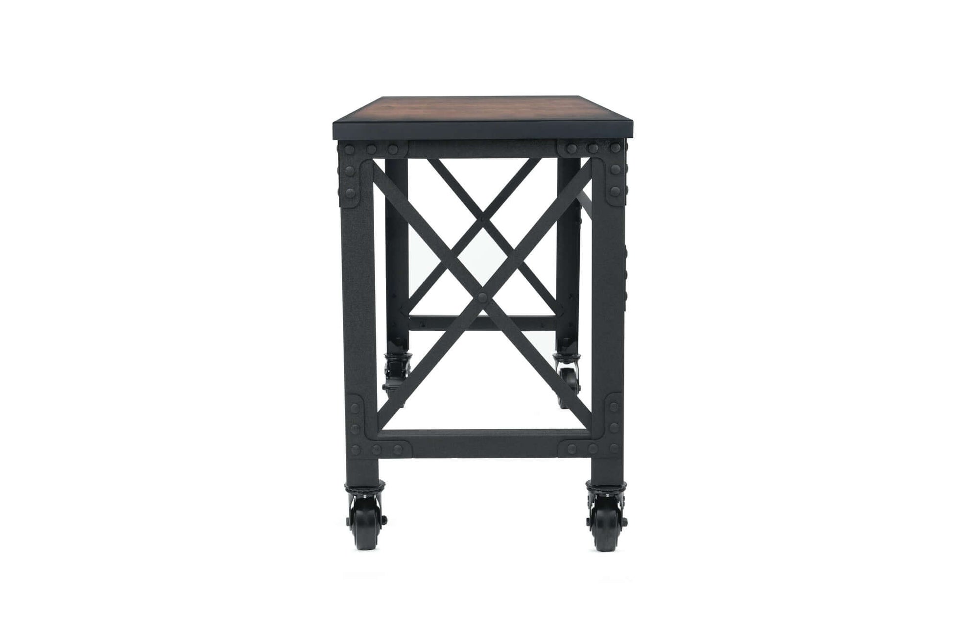 Duramax 72x24 inch industrial rolling worktable with dark wooden top and metal frame on caster wheels.
