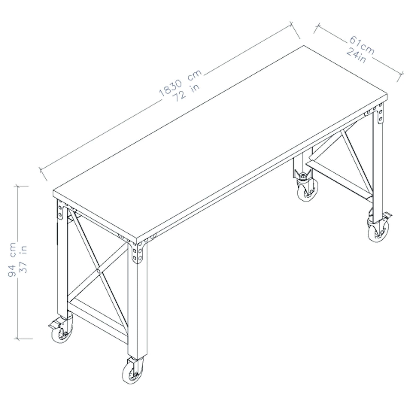 Diagram of Duramax Rolling Worktable 72x24 inches, showing metal frame and wheels for industrial use.