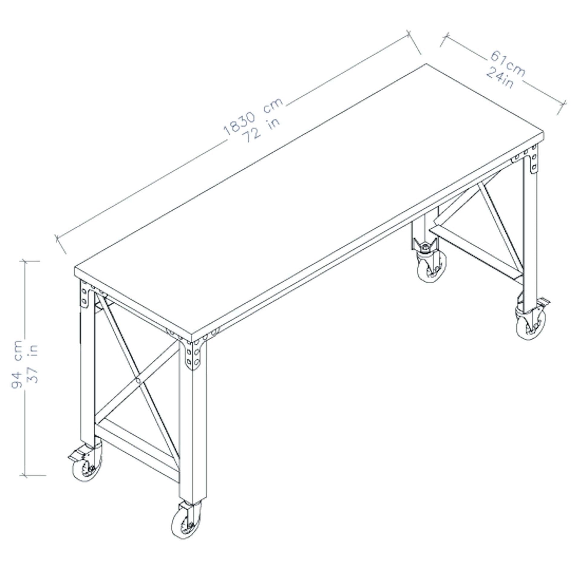 Diagram of Duramax Rolling Worktable 72x24 inches, showing metal frame and wheels for industrial use.