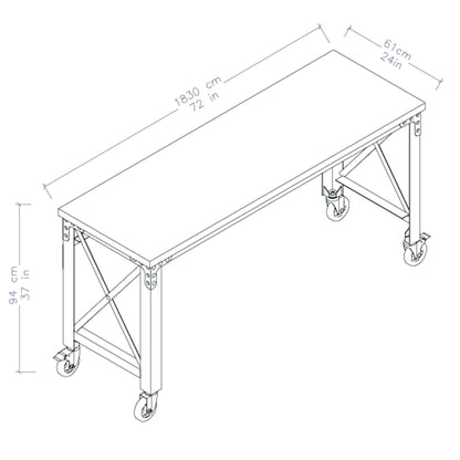 Diagram of Duramax Rolling Worktable 72x24 inches, showing metal frame and wheels for industrial use.