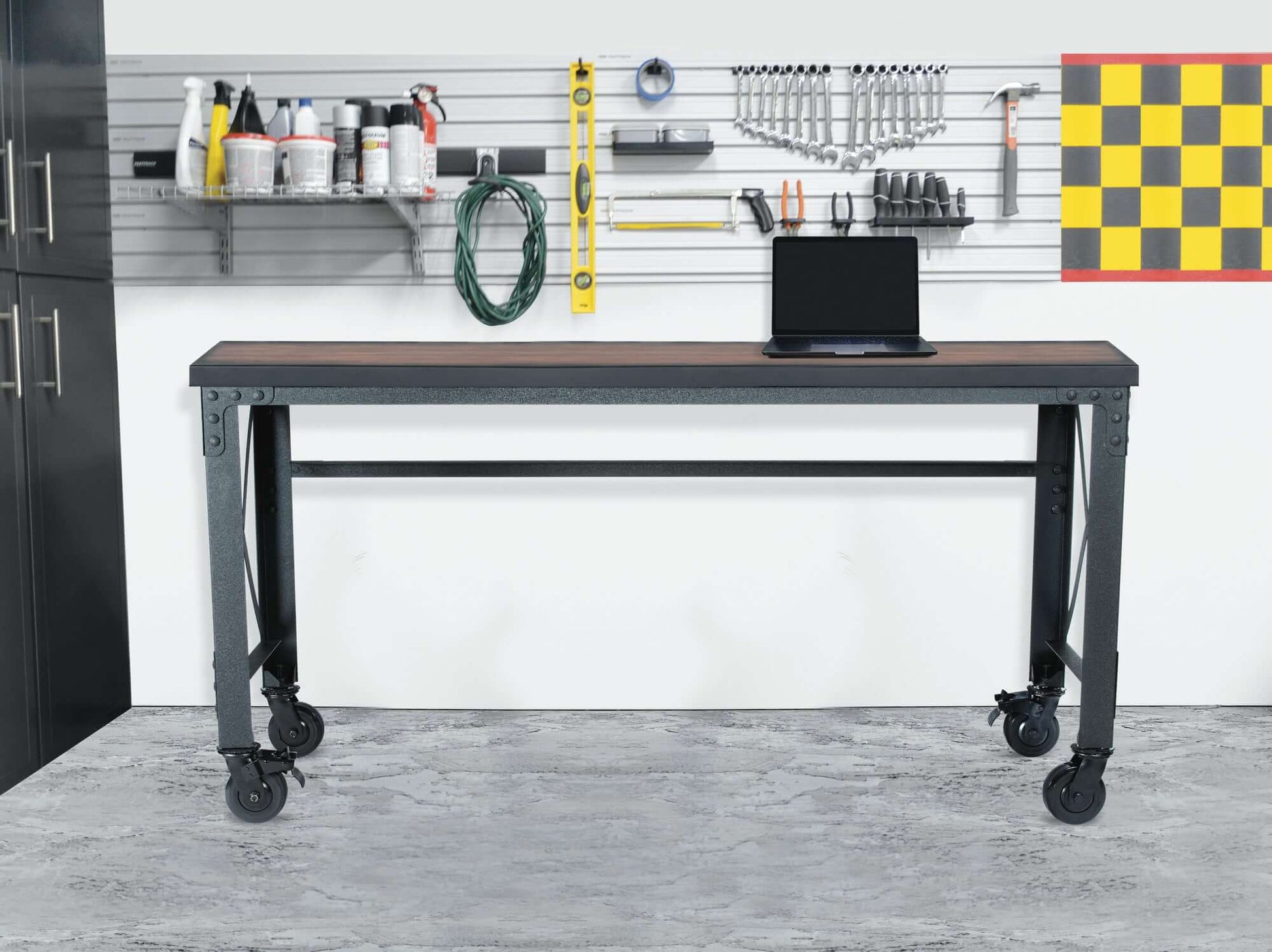 Duramax 72x24 industrial worktable with caster wheels and wooden top, perfect for versatile workspaces.