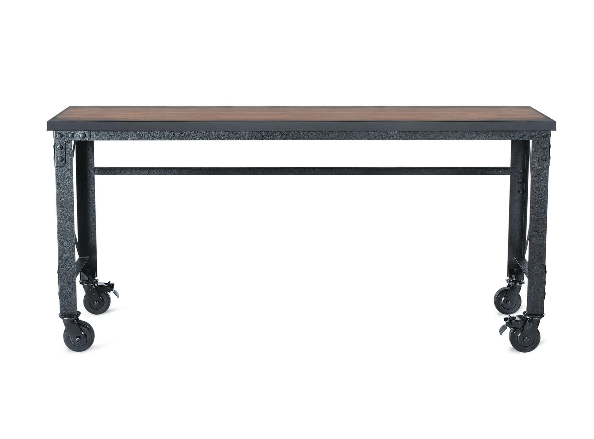 Duramax 72x24 inch rolling industrial worktable with dark wood top and metal frame, featuring caster wheels for easy mobility.