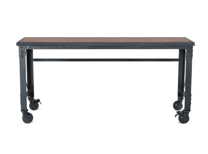 Duramax 72x24 inch rolling industrial worktable with dark wood top and metal frame, featuring caster wheels for easy mobility.