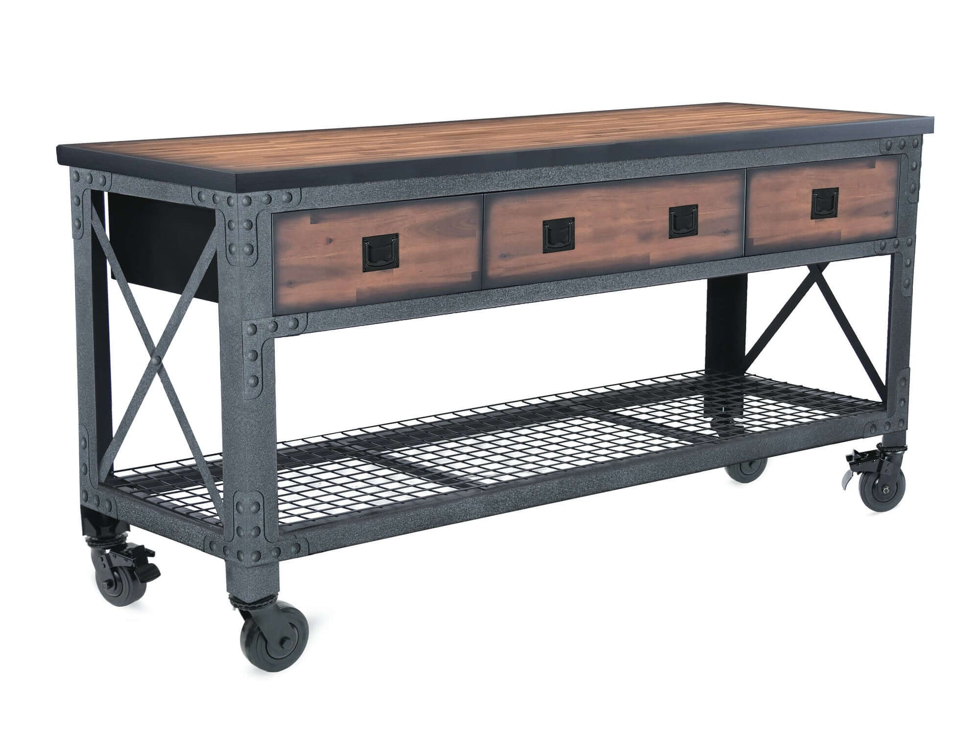 Duramax 72x24 in 3-Drawer Rolling Industrial Workbench with metal frame and rubberwood top.