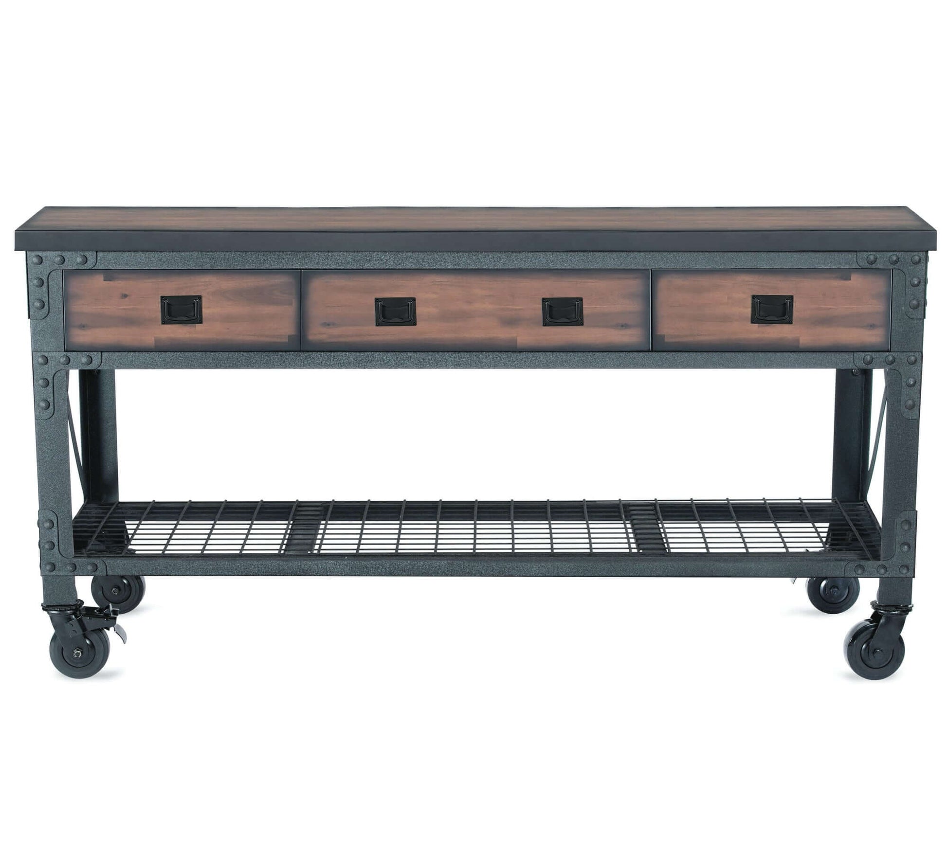 Duramax 72x24 inch 3-Drawer Rolling Workbench with steel frame and rubberwood top, ideal for workshops and garages.