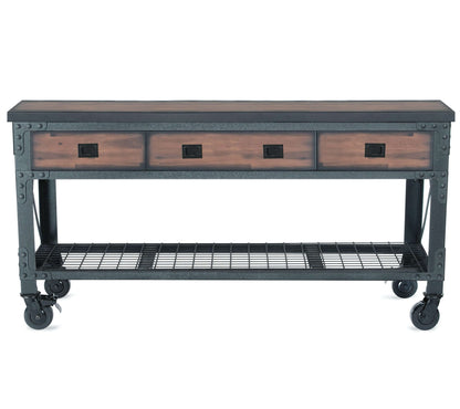 Duramax 72x24 inch 3-Drawer Rolling Workbench with steel frame and rubberwood top, ideal for workshops and garages.