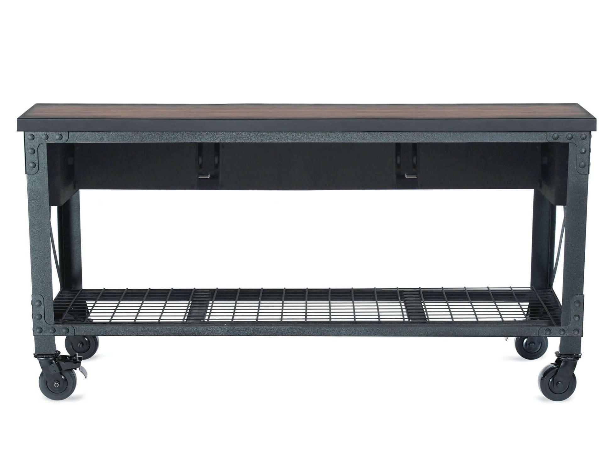 Industrial workbench with wheels and lower shelf, ideal for workshops or garages.