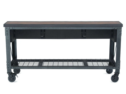 Industrial workbench with wheels and lower shelf, ideal for workshops or garages.